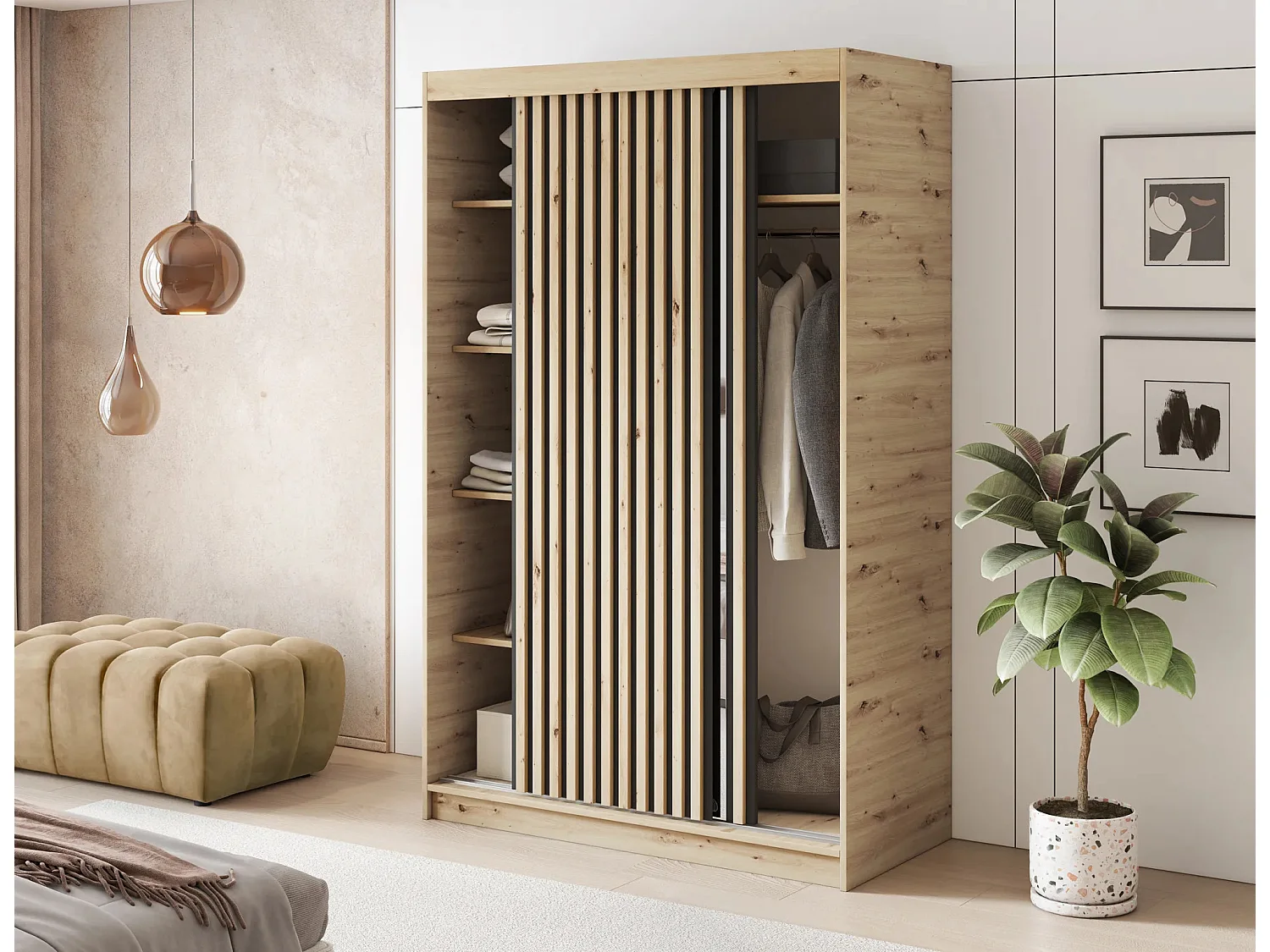 Armoire chambre adulte MERIKO 120cm Chêne artisan et miroir