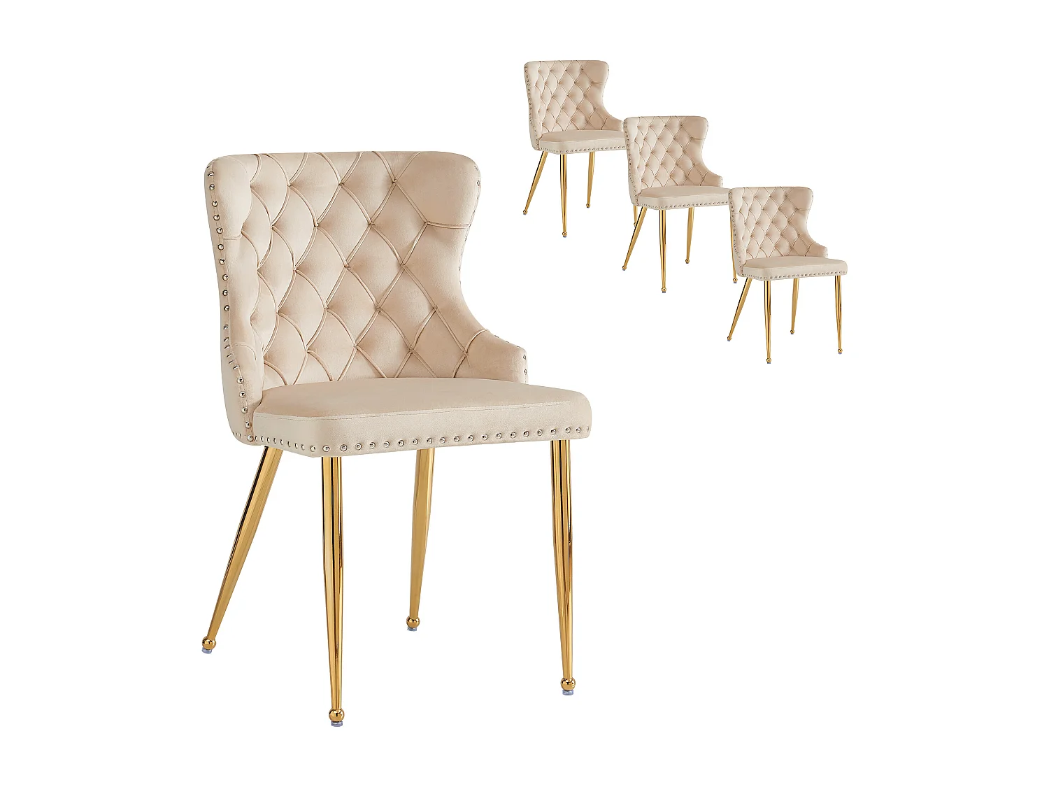 Set van 4 stoelen - Hoogwaardig fluweel - Goudkleurige metalen poten - Beige