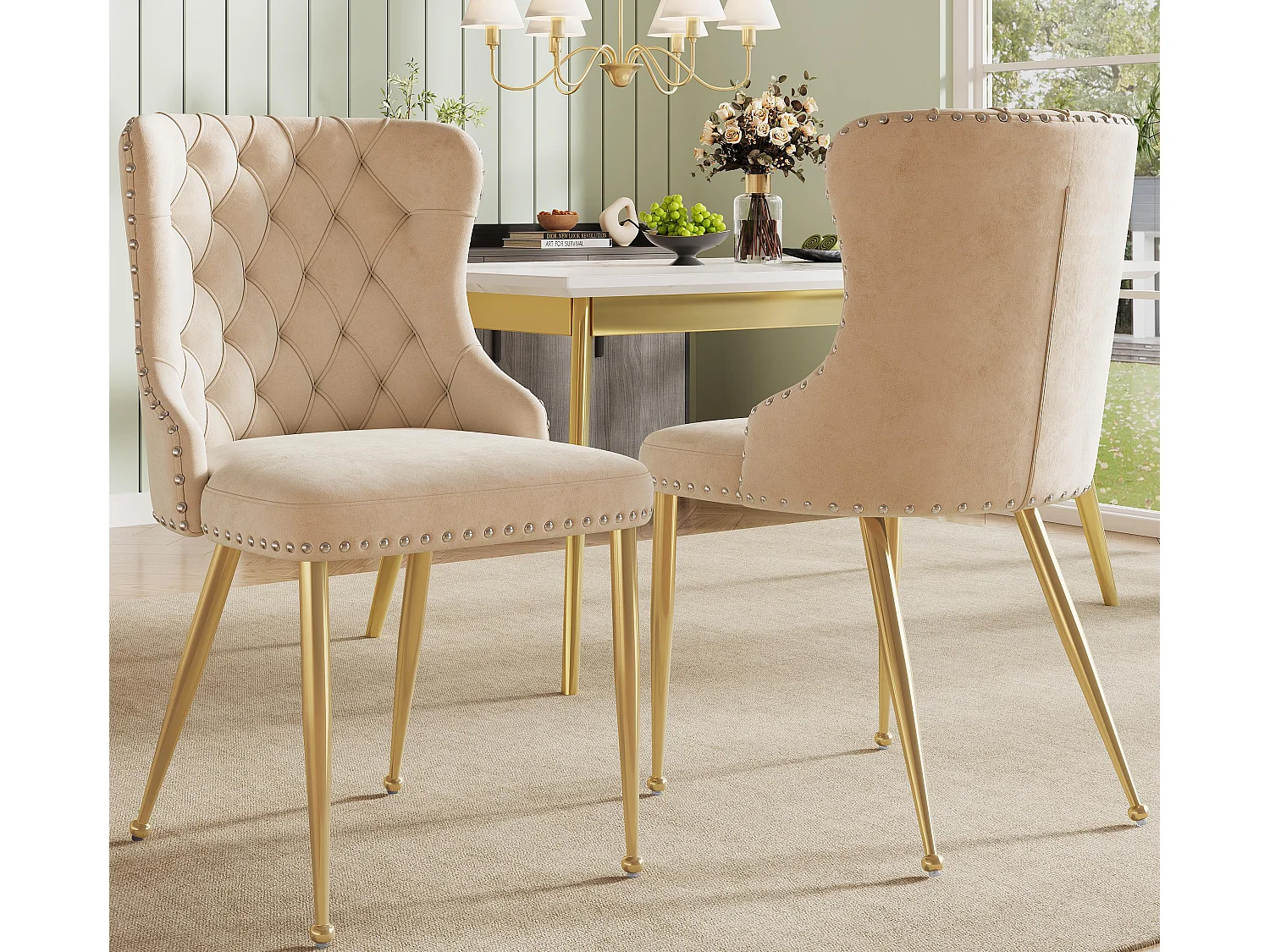 Lot de 2 chaises - Velours de haute qualité - Pieds en métal doré - Beige