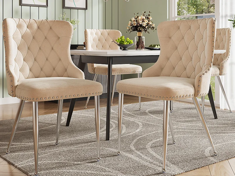 Juego de 4 sillas - Terciopelo de alta calidad - Patas de metal plateado - Beige