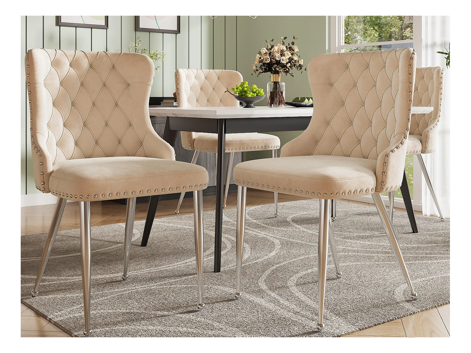 Set van 4 stoelen - Hoogwaardig fluweel - Zilverkleurige metalen poten - Beige