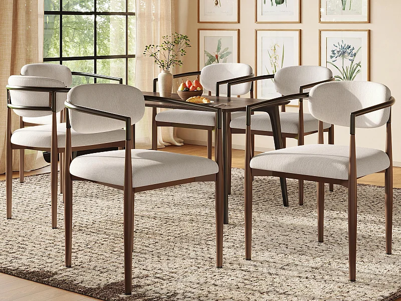 Set van 6 stoelen - Hoogwaardig linnenstof - Metalen poten - Beige