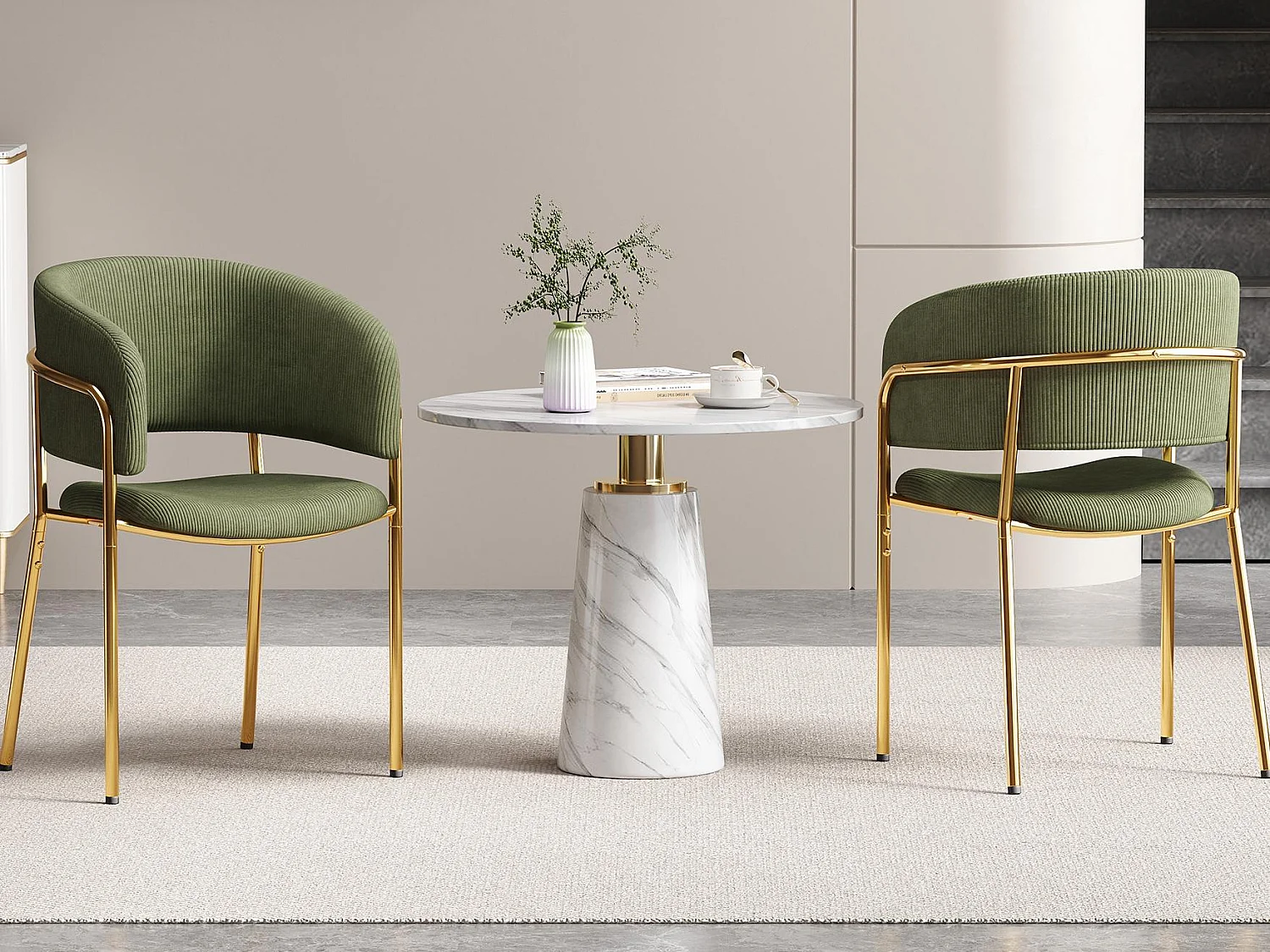 Juego de 2 sillas - tela de terciopelo acanalado - patas de metal - estilo contemporáneo - verde