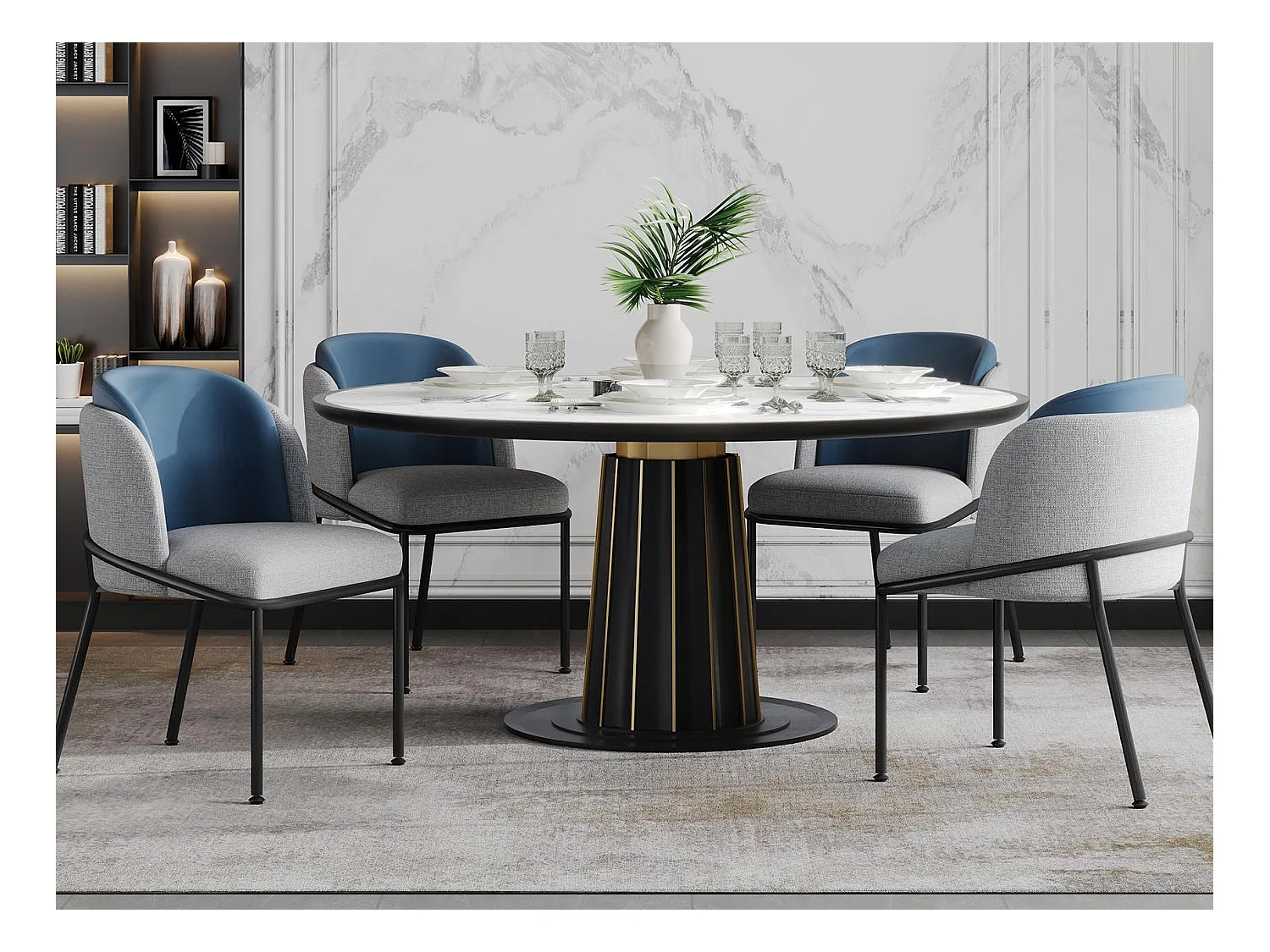 Lot de 4 Chaises - Lin et simili cuir - pieds en métal – style contemporain - Bleu + Gris