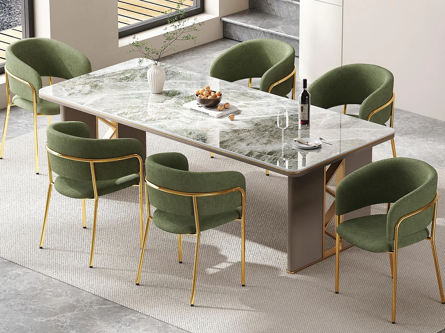 6er-Set Stühle – Rippvelours-Stoff – Metallbeine – moderner Stil – Grün