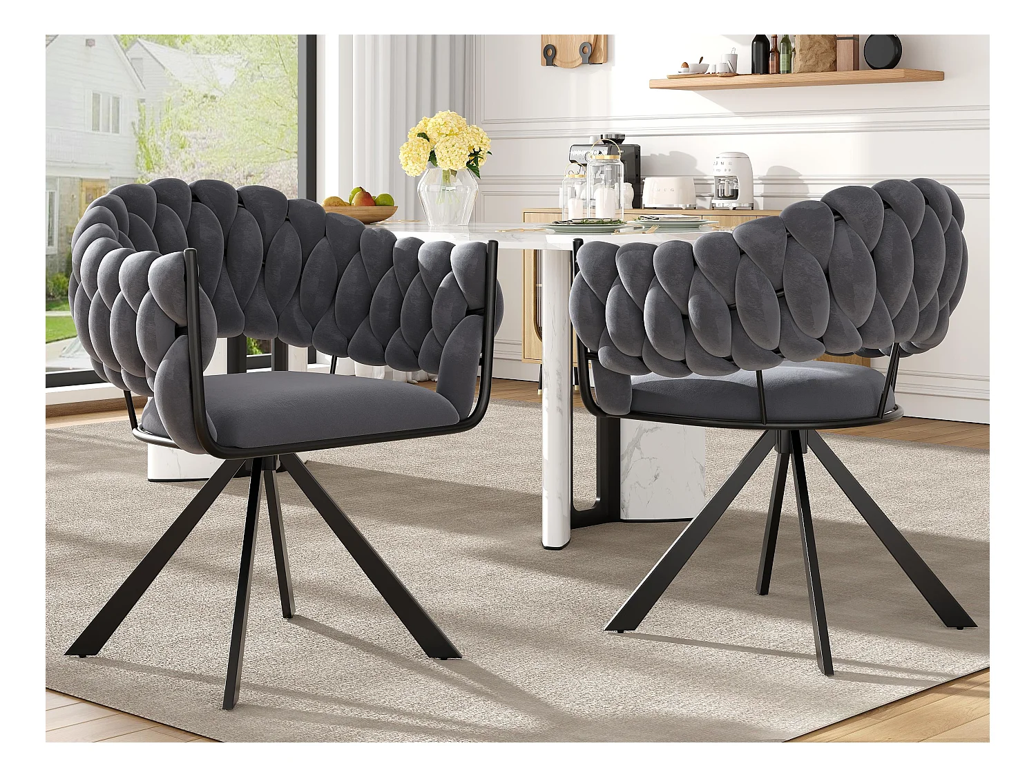 Lot de 2 chaises en velours - avec accoudoirs - pieds métalliques réglables en forme de griffes - Gris