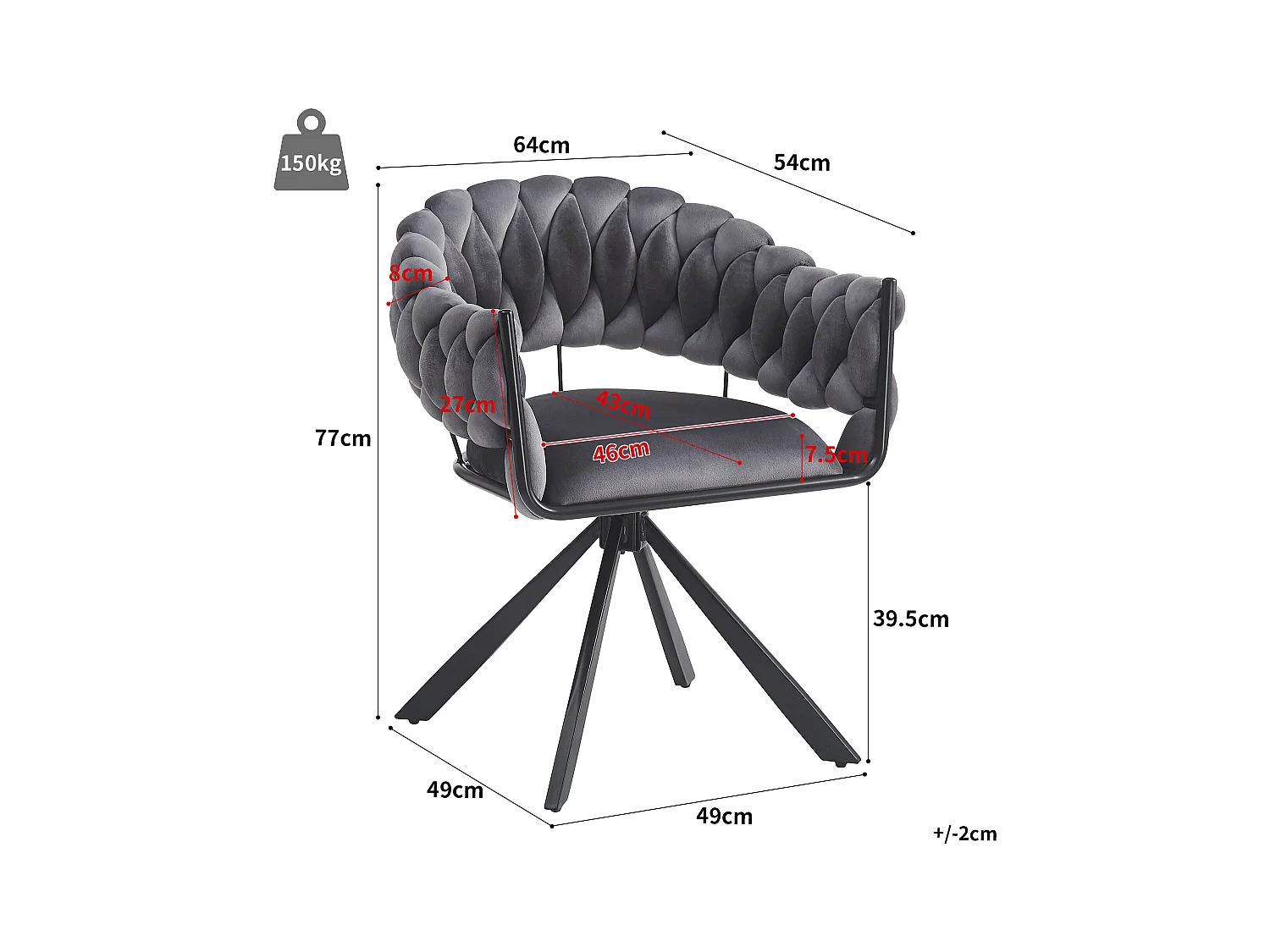 Lot de 2 chaises en velours - avec accoudoirs - pieds métalliques réglables en forme de griffes - Gris