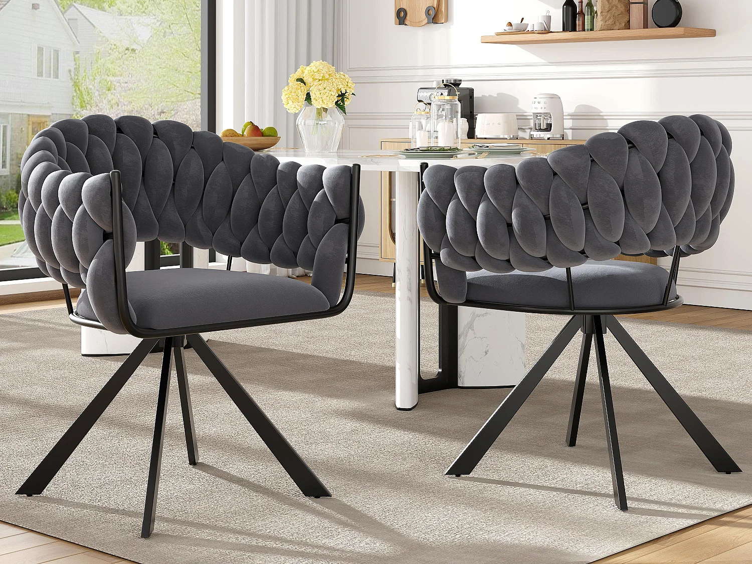 Lot de 2 chaises en velours - avec accoudoirs - pieds métalliques réglables en forme de griffes - Gris