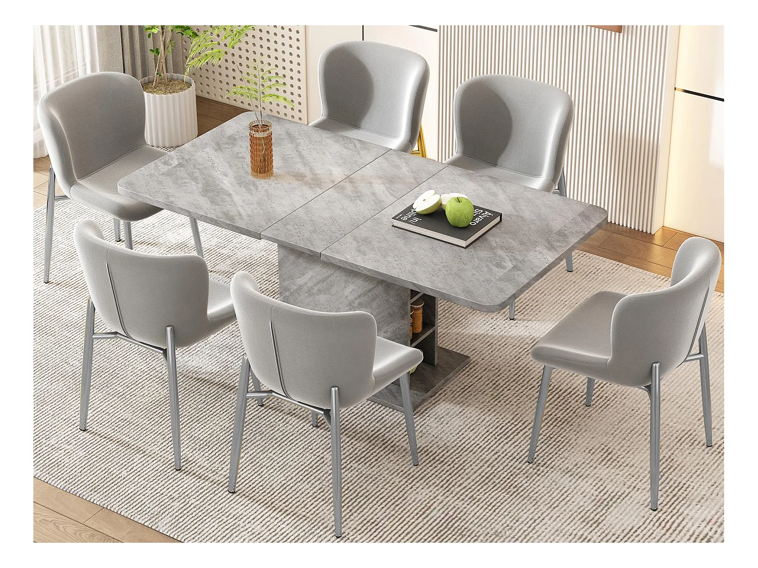 Lot de 6 Chaises rembourré en velours - avec pieds en métal argenté – style contemporain - Gris