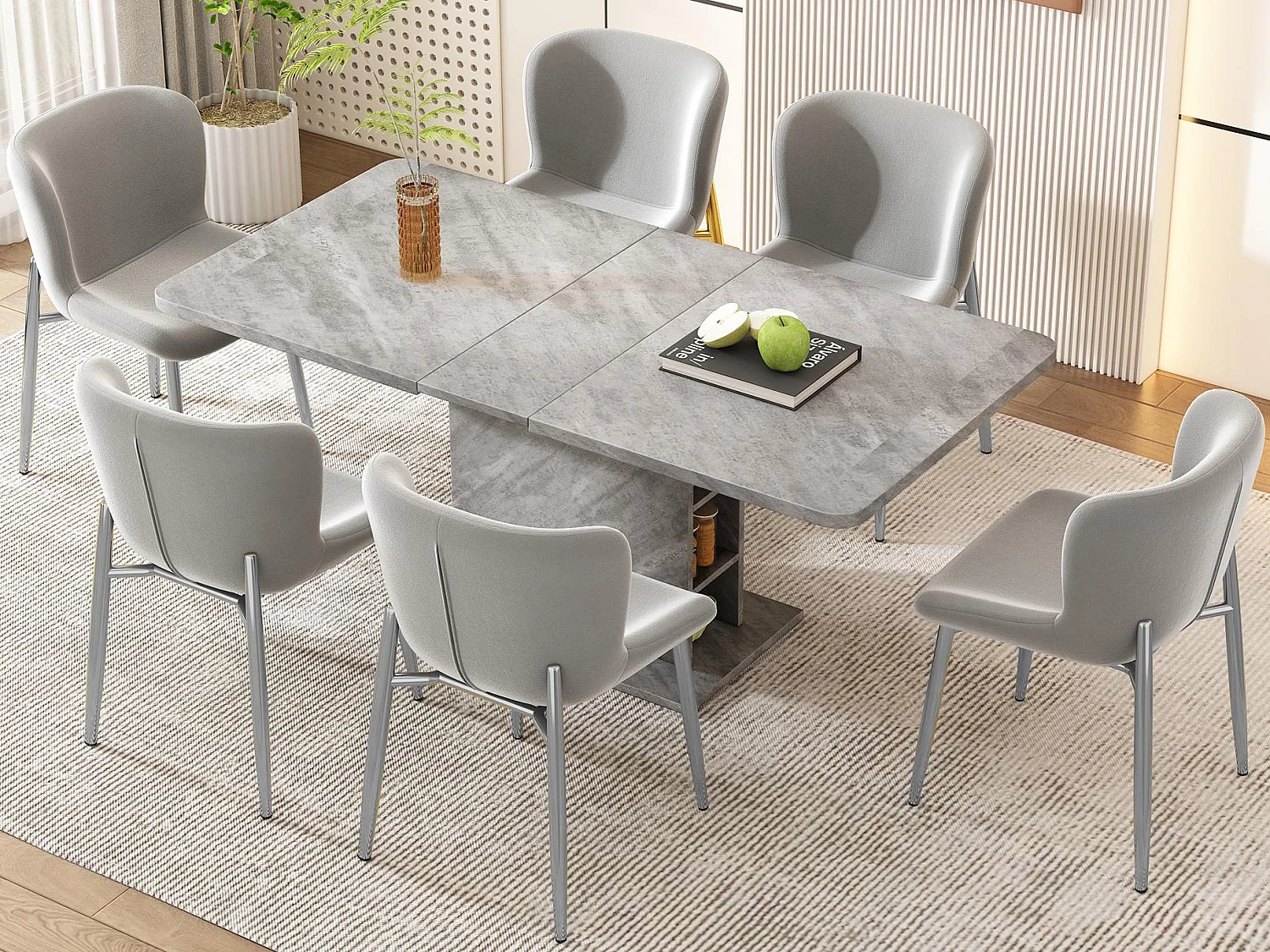 Lot de 6 Chaises rembourré en velours - avec pieds en métal argenté – style contemporain - Gris