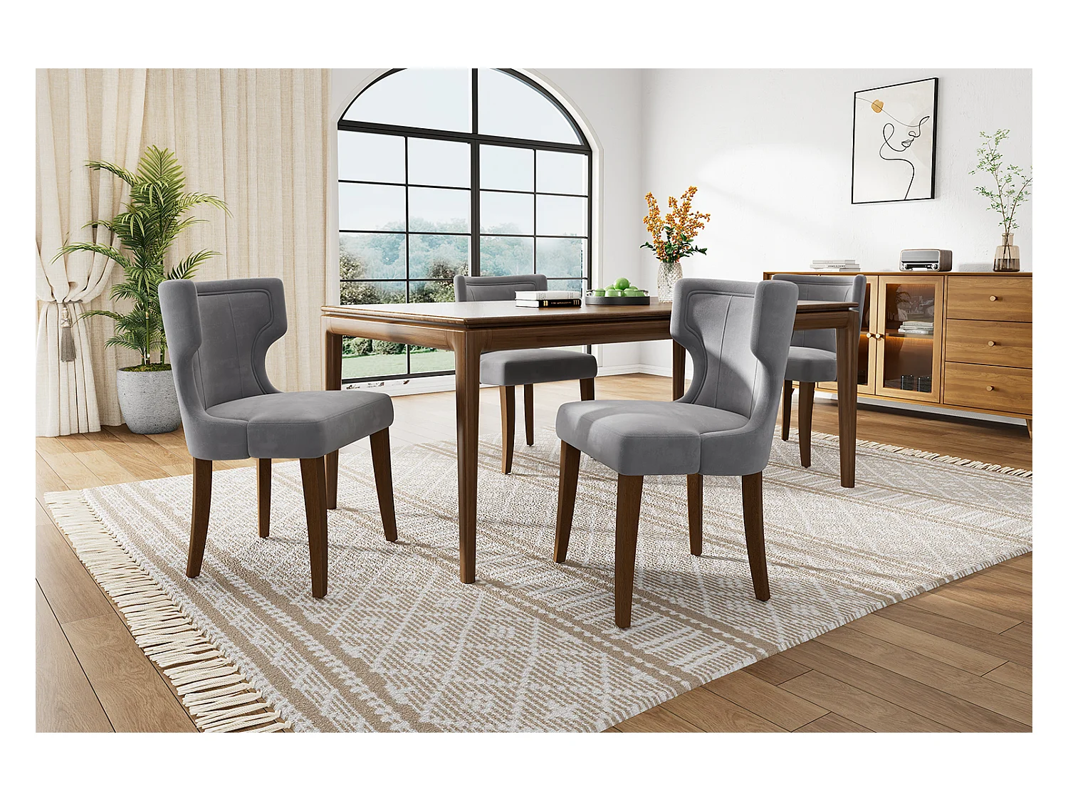 Lot de 4 Chaises en velours - avec pieds réglables en bois massif - Gris