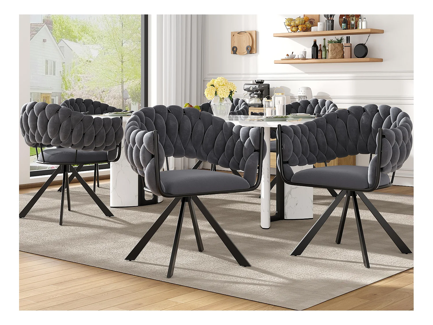 Lot de 6 chaises en velours - avec accoudoirs - pieds métalliques réglables en forme de griffes - Gris