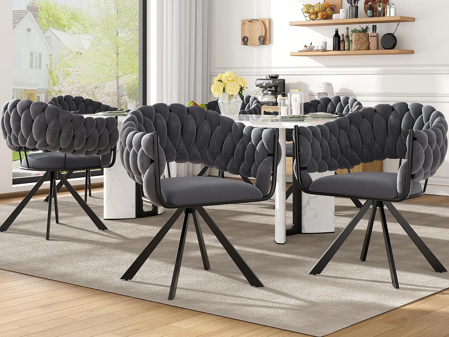 Set van 6 fluwelen stoelen - met armleuningen - verstelbare metalen poten in klauwvorm - grijs