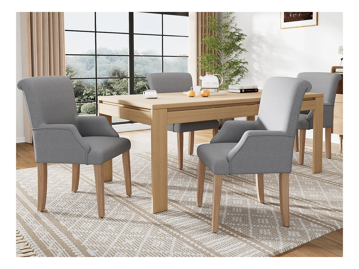 Lot de 4 Chaises en lin - avec pieds réglables en bois massif - avec accoudoirs - Gris