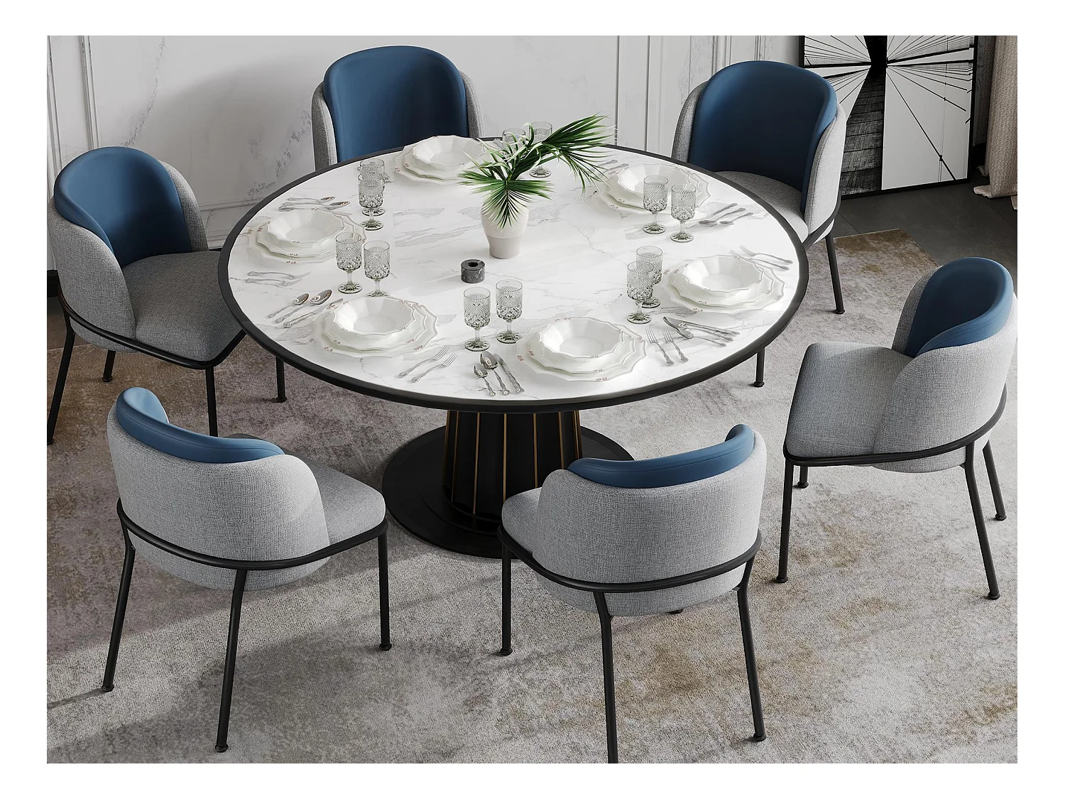 Lot de 6 Chaises - Lin et simili cuir - pieds en métal – style contemporain - Bleu + Gris