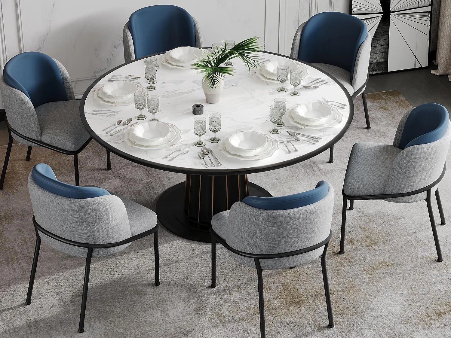 Conjunto de 6 cadeiras - linho e pele sintética - pernas de metal - estilo contemporâneo - azul + cinzento