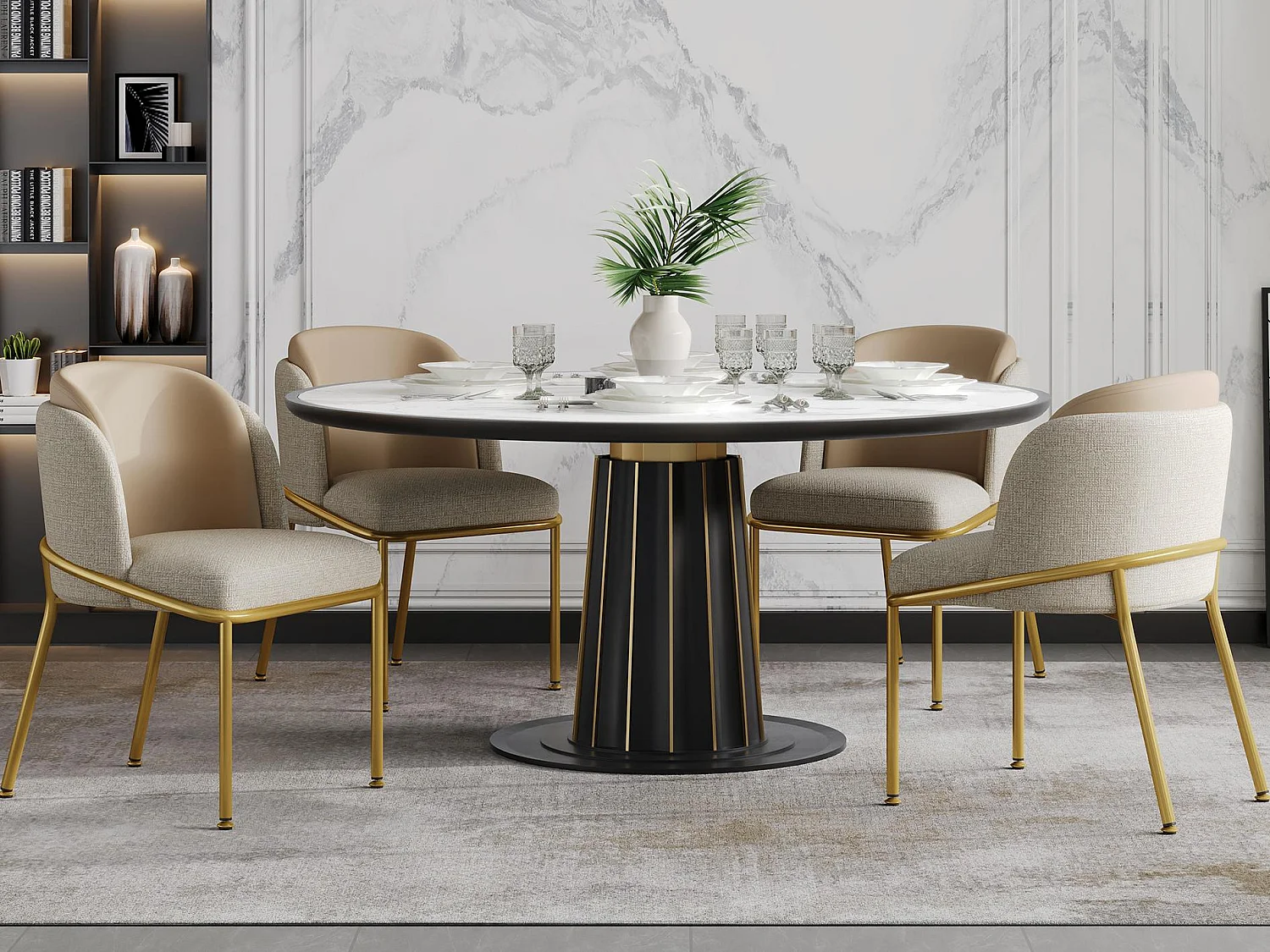 Set van 4 stoelen - linnen en kunstleer - metalen poten - eigentijdse stijl - beige + kaki