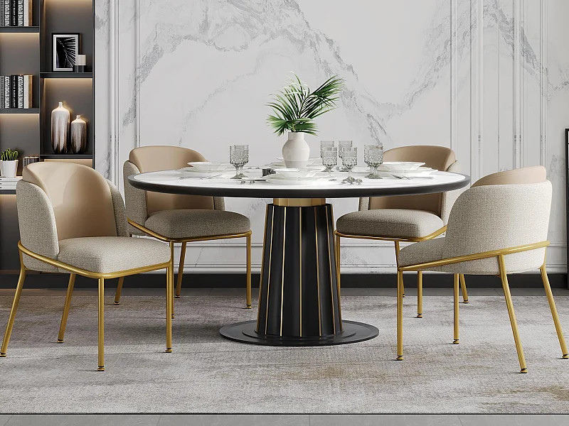 Lot de 4 Chaises - Lin et simili cuir - pieds en métal – style contemporain - Beige + Kaki