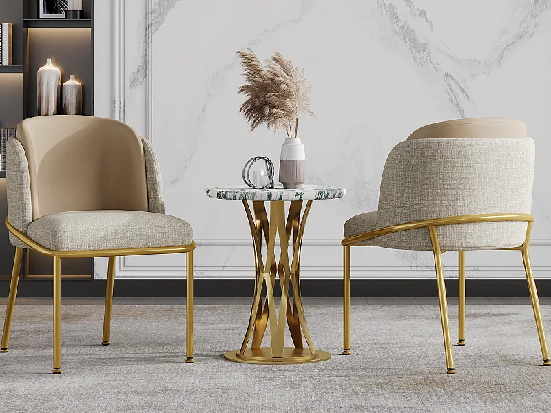 Lot de 2 Chaises - Lin et simili cuir - pieds en métal – style contemporain - Beige + Kaki