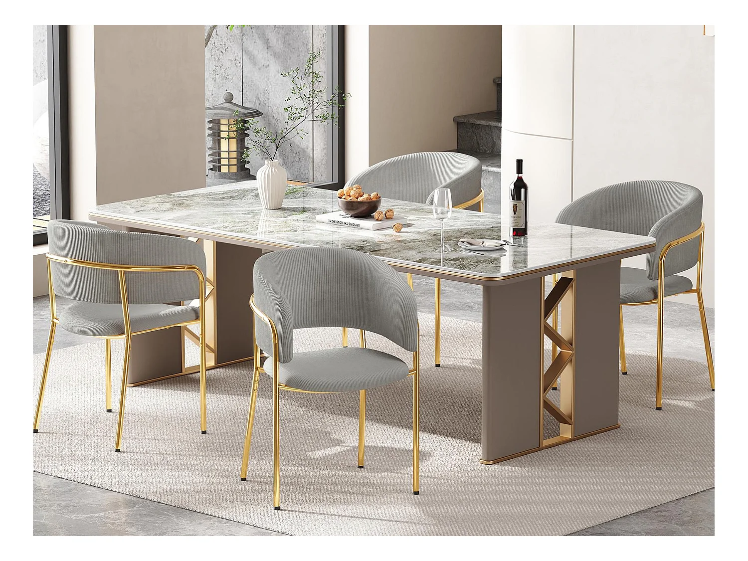 Set van 4 stoelen - geribbelde fluwelen stof - metalen poten - eigentijdse stijl - grijs