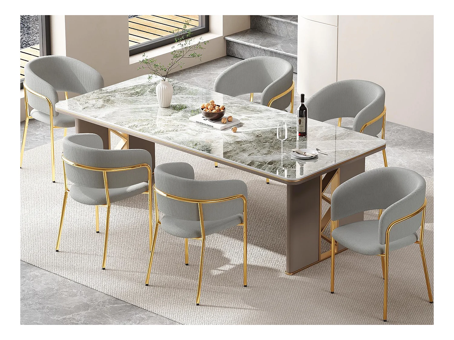 Set van 6 stoelen - geribbelde fluwelen stof - metalen poten - eigentijdse stijl - grijs