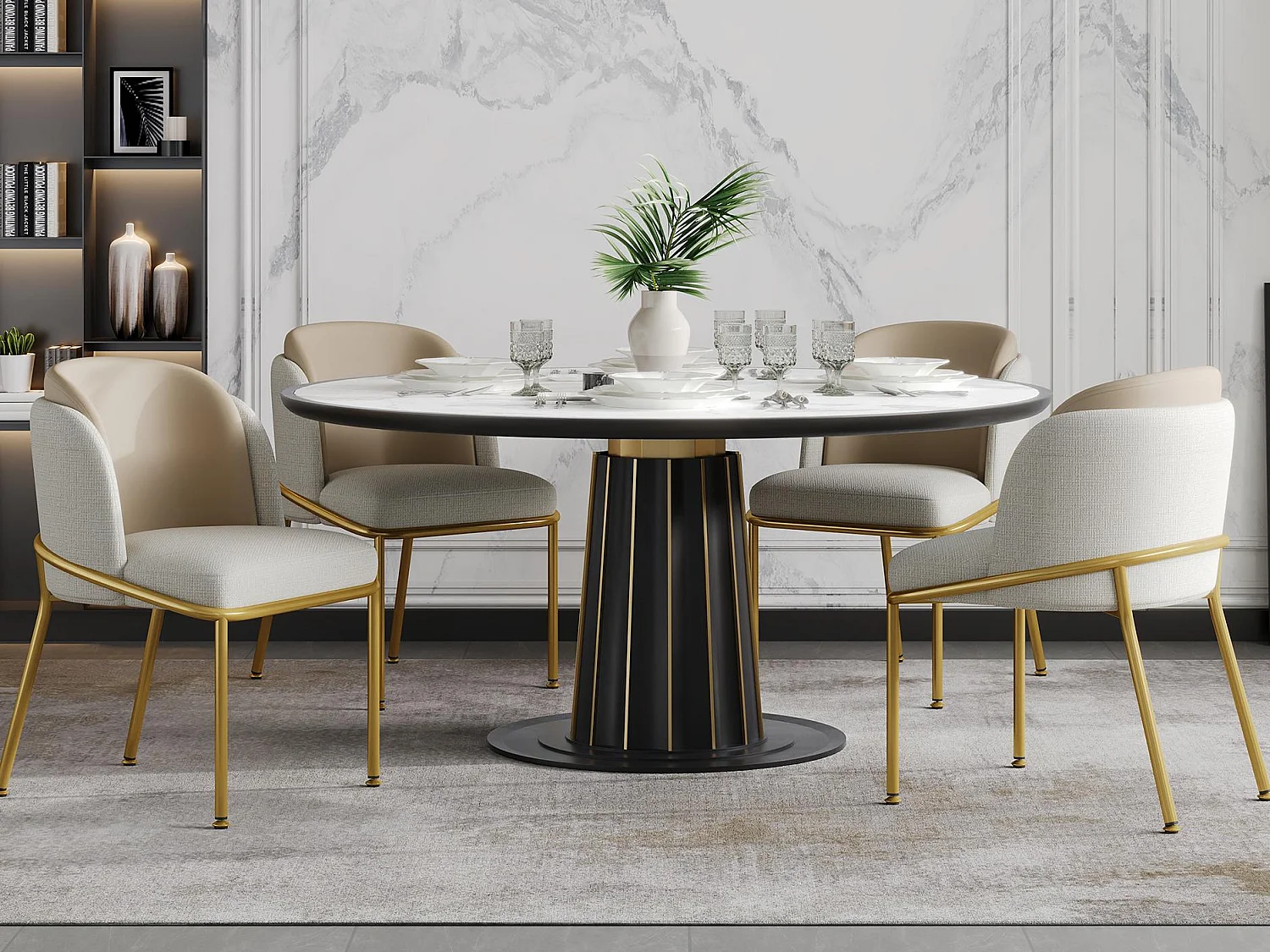 Set van 4 stoelen - linnen en kunstleer - metalen poten - eigentijdse stijl - beige