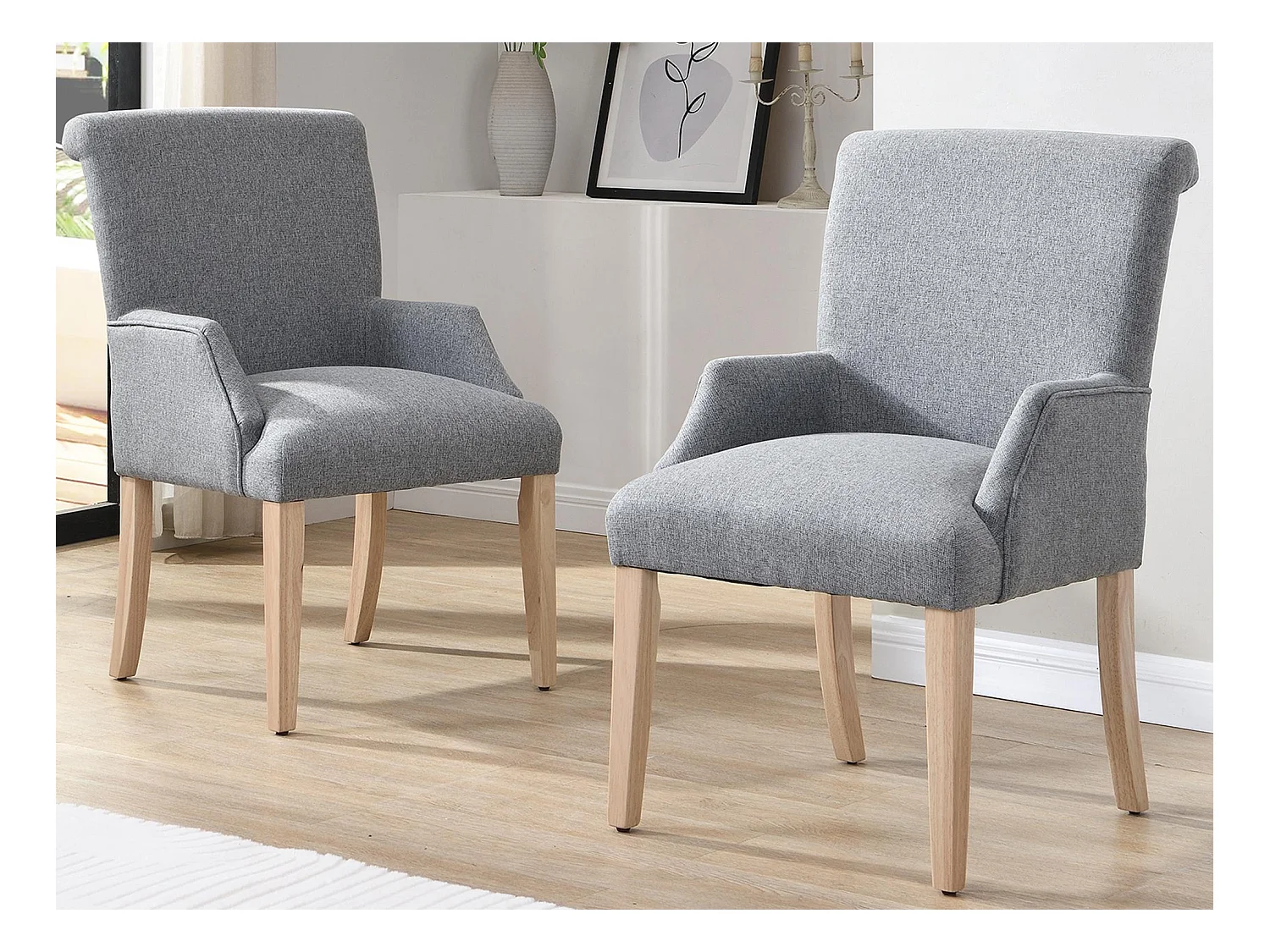 Lot de 2 Chaises en lin - avec pieds réglables en bois massif - avec accoudoirs - Gris