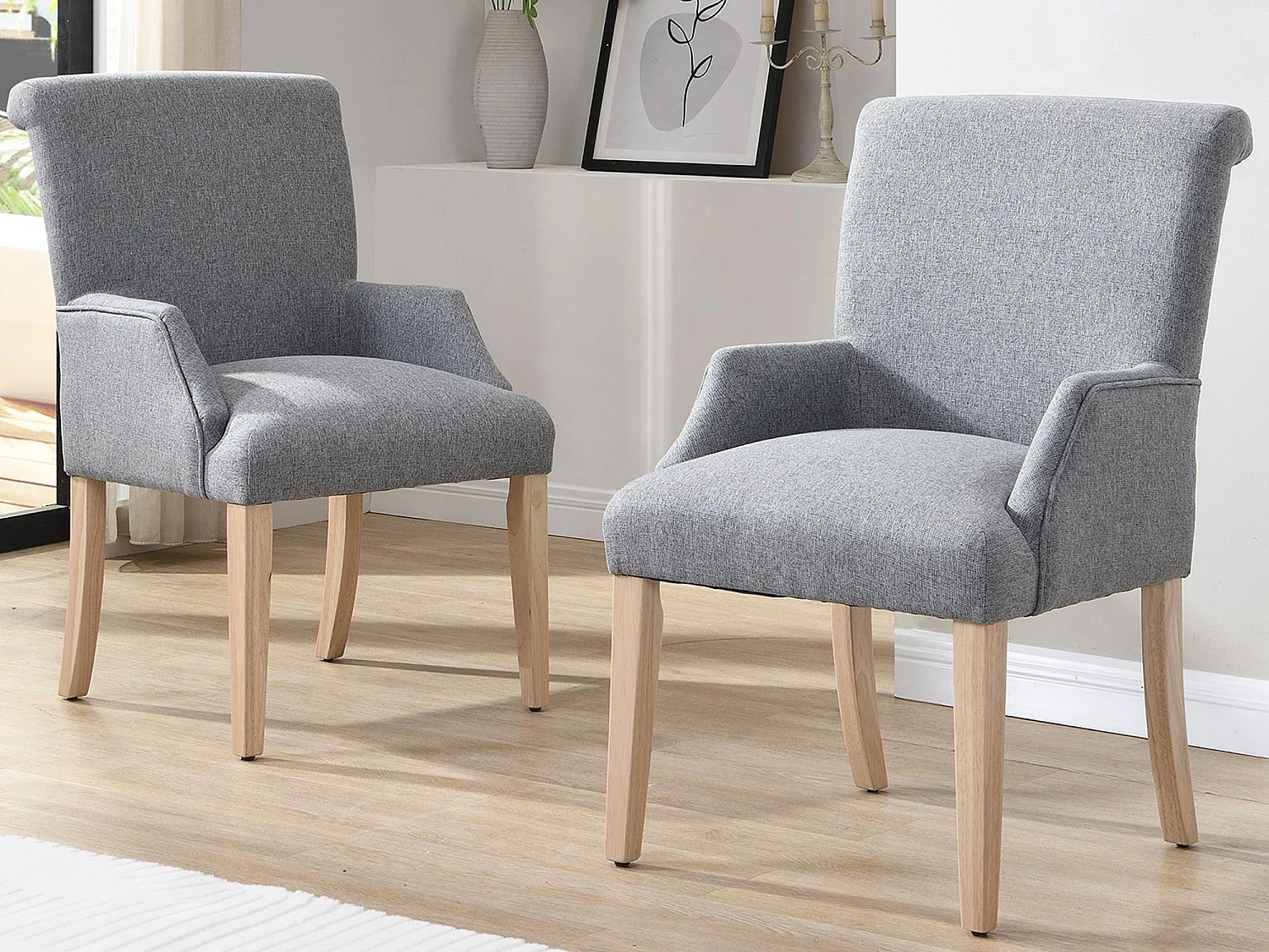 Lot de 2 Chaises en lin - avec pieds réglables en bois massif - avec accoudoirs - Gris