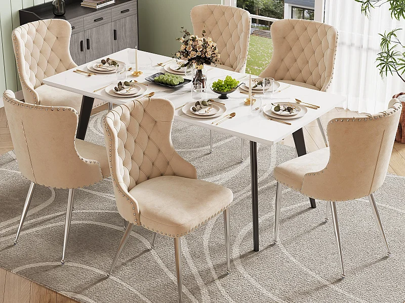 Conjunto de 6 cadeiras - Veludo de alta qualidade - Pés de metal prateado - Bege