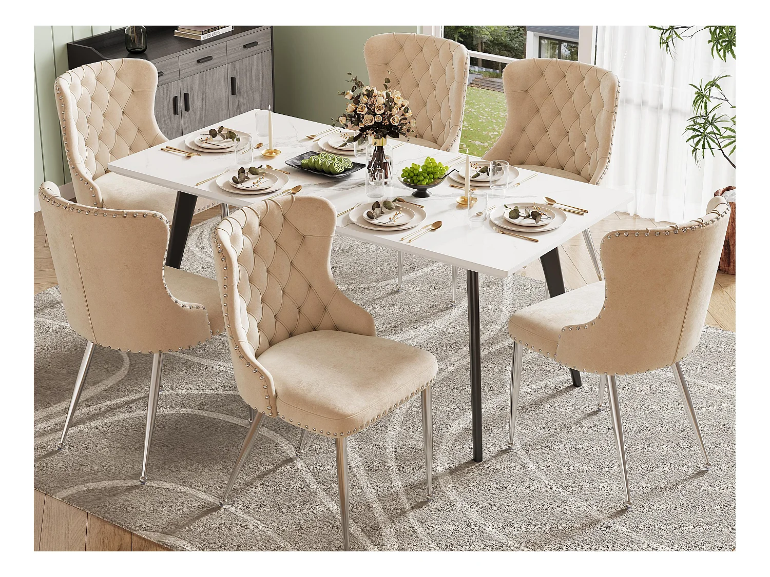 Set van 6 stoelen - Hoogwaardig fluweel - Zilverkleurige metalen poten - Beige