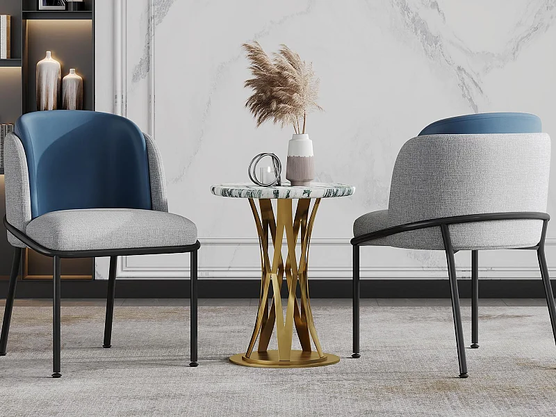 Lot de 2 Chaises - Lin et simili cuir - pieds en métal – style contemporain - Bleu + Gris