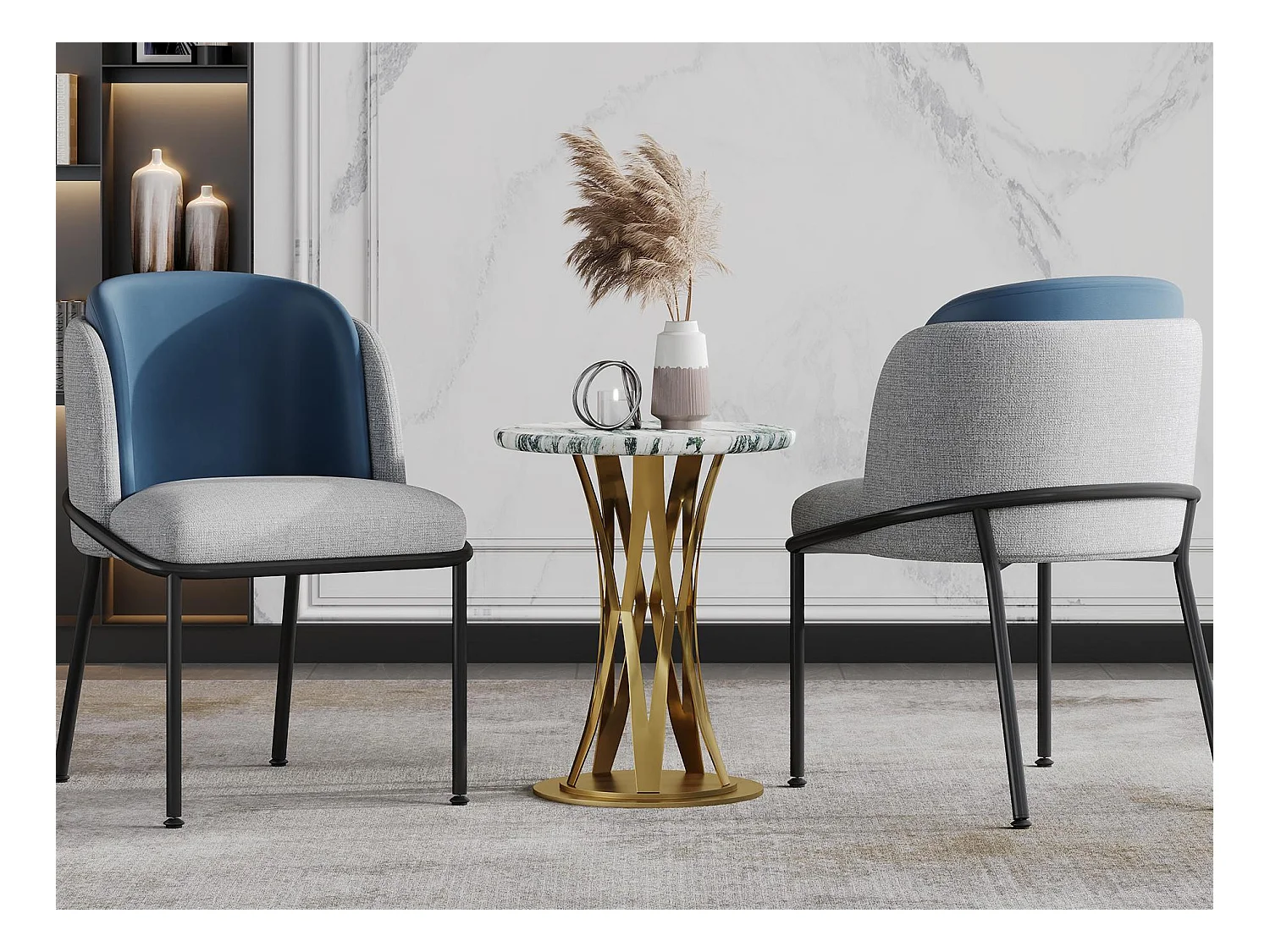 Lot de 2 Chaises - Lin et simili cuir - pieds en métal – style contemporain - Bleu + Gris