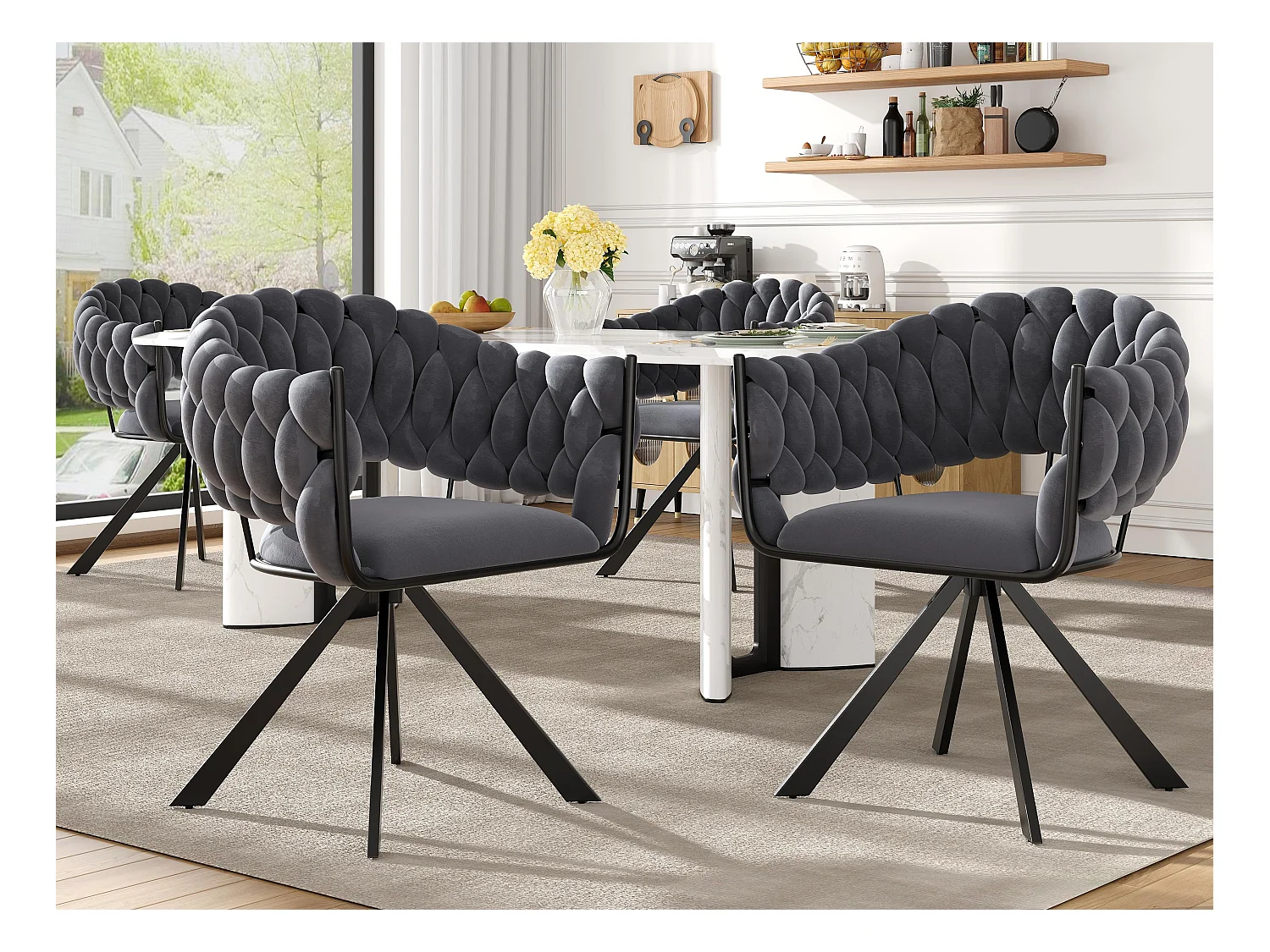 Lot de 4 chaises en velours - avec accoudoirs - pieds métalliques réglables en forme de griffes - Gris