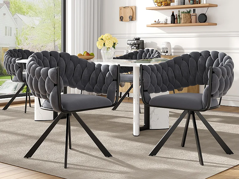 Lot de 4 chaises en velours - avec accoudoirs - pieds métalliques réglables en forme de griffes - Gris