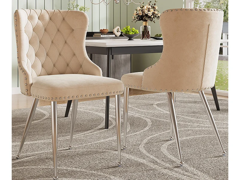 Conjunto de 2 cadeiras - Veludo de alta qualidade - Pés de metal prateado - Bege