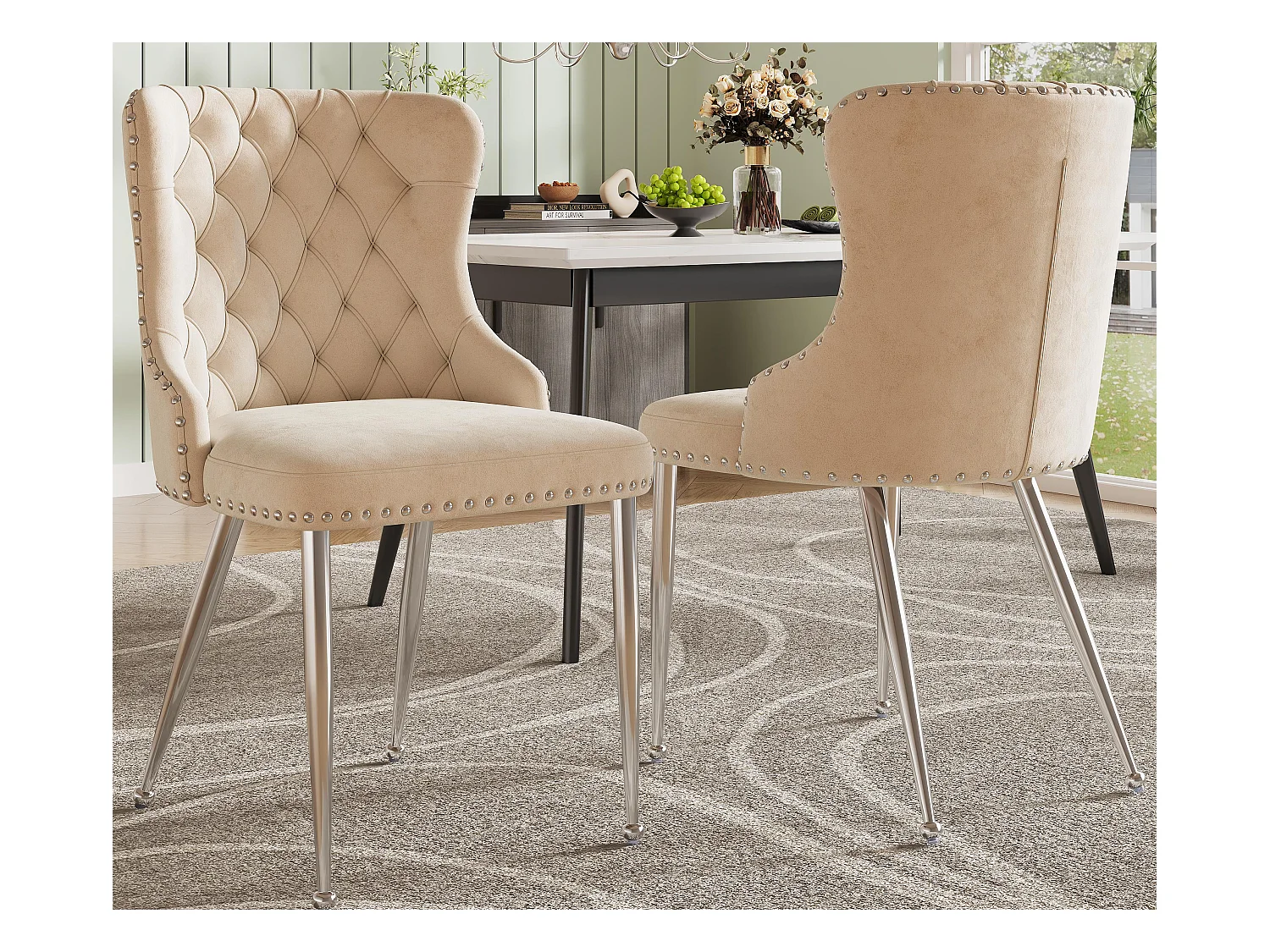 Set van 2 stoelen - Hoogwaardig fluweel - Zilverkleurige metalen poten - Beige