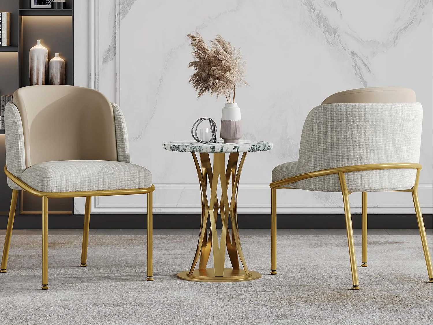 Set van 2 stoelen - linnen en kunstleer - metalen poten - eigentijdse stijl - beige