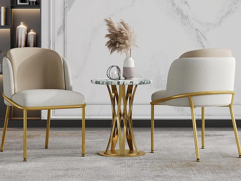 Lot de 2 Chaises - Lin et simili cuir - pieds en métal – style contemporain - Beige