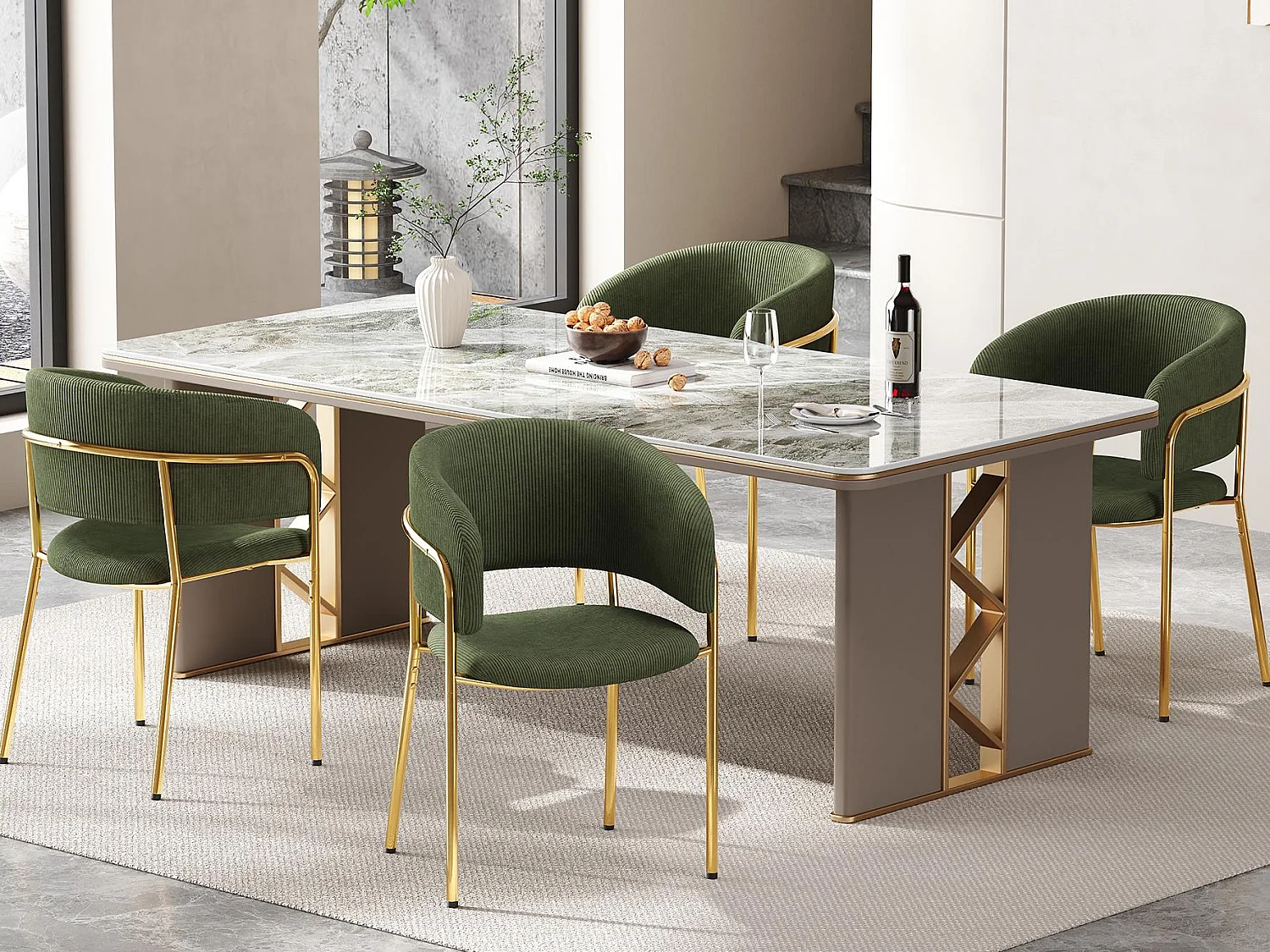Set van 4 stoelen - geribbelde fluwelen stof - metalen poten - eigentijdse stijl - groen