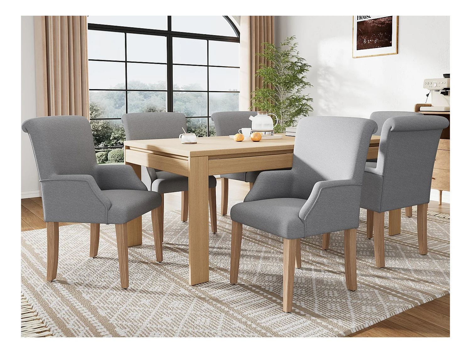 Set van 6 linnen stoelen - met verstelbare poten van massief hout - met armleuningen - Grijs