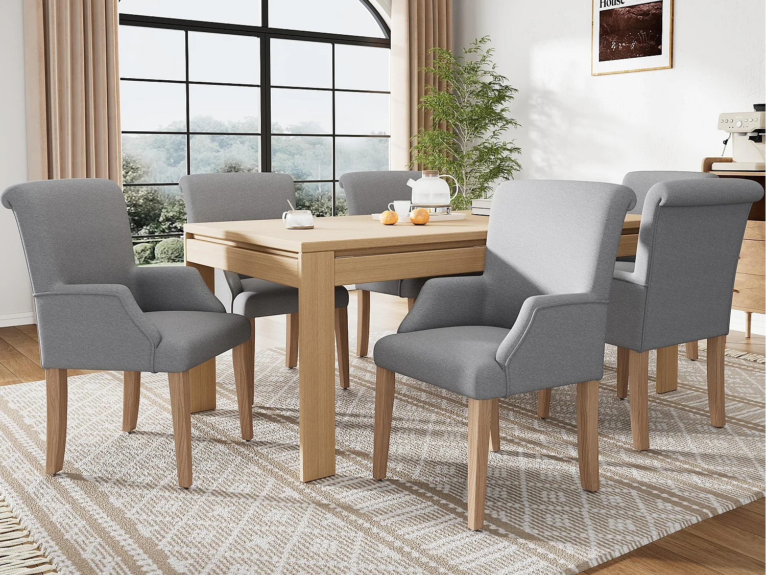 Lot de 6 Chaises en lin - avec pieds réglables en bois massif - avec accoudoirs - Gris