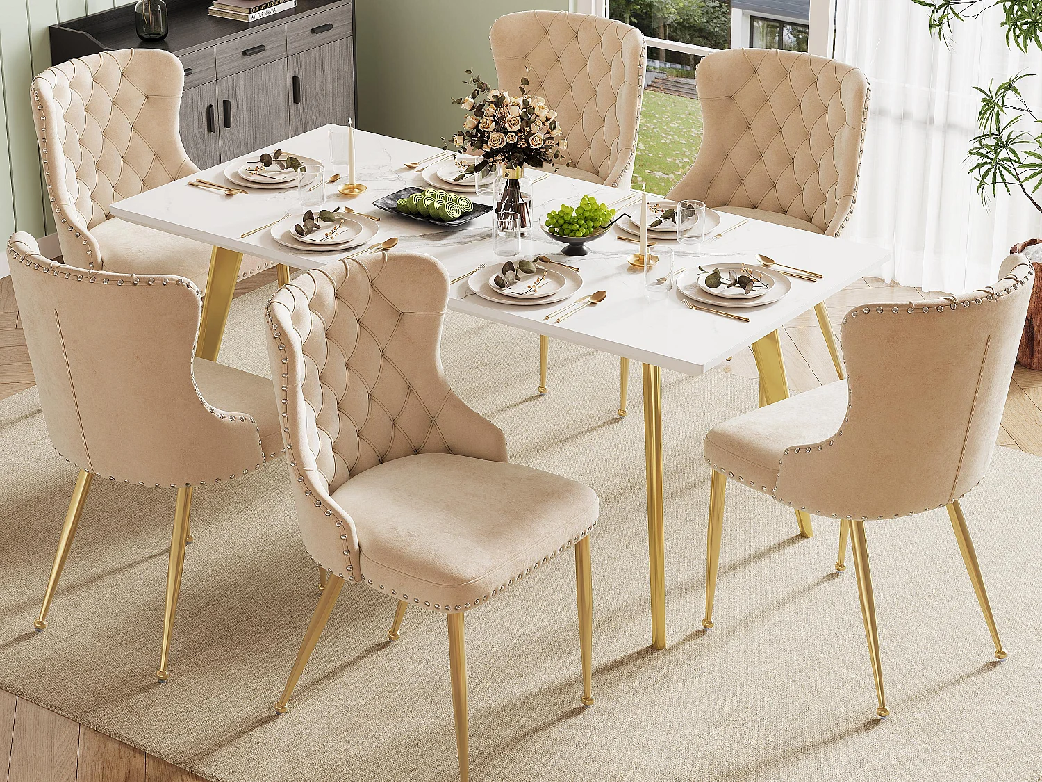 Set di 6 sedie - Velluto di alta qualità - Gambe in metallo dorato - Beige