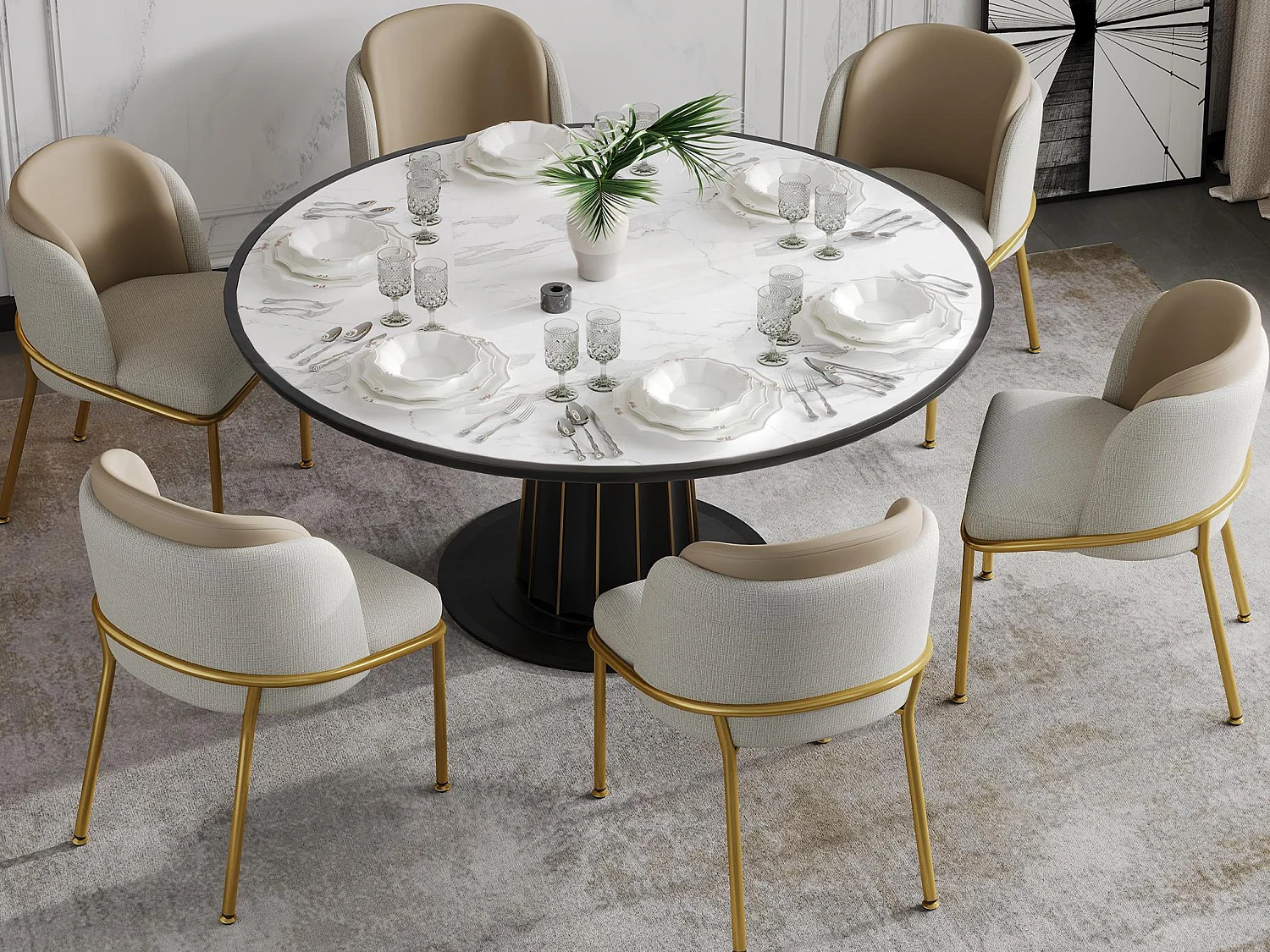 Set van 6 stoelen - linnen en kunstleer - metalen poten - eigentijdse stijl - beige