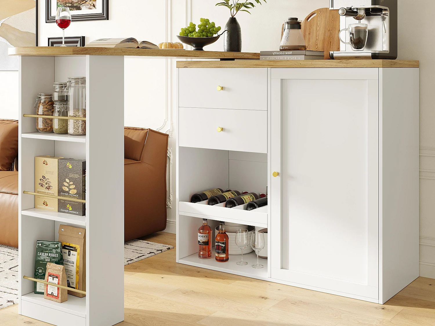 Mobile bar girevole e ribaltabile - con 2 cassetti e 1 anta - Bianco