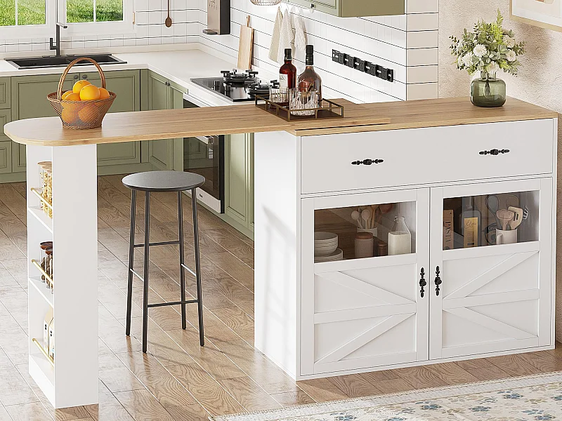 Mobile bar girevole a 360° e richiudibile - con 1 cassetto e 2 ante - ripiani aperti - bianco + naturale