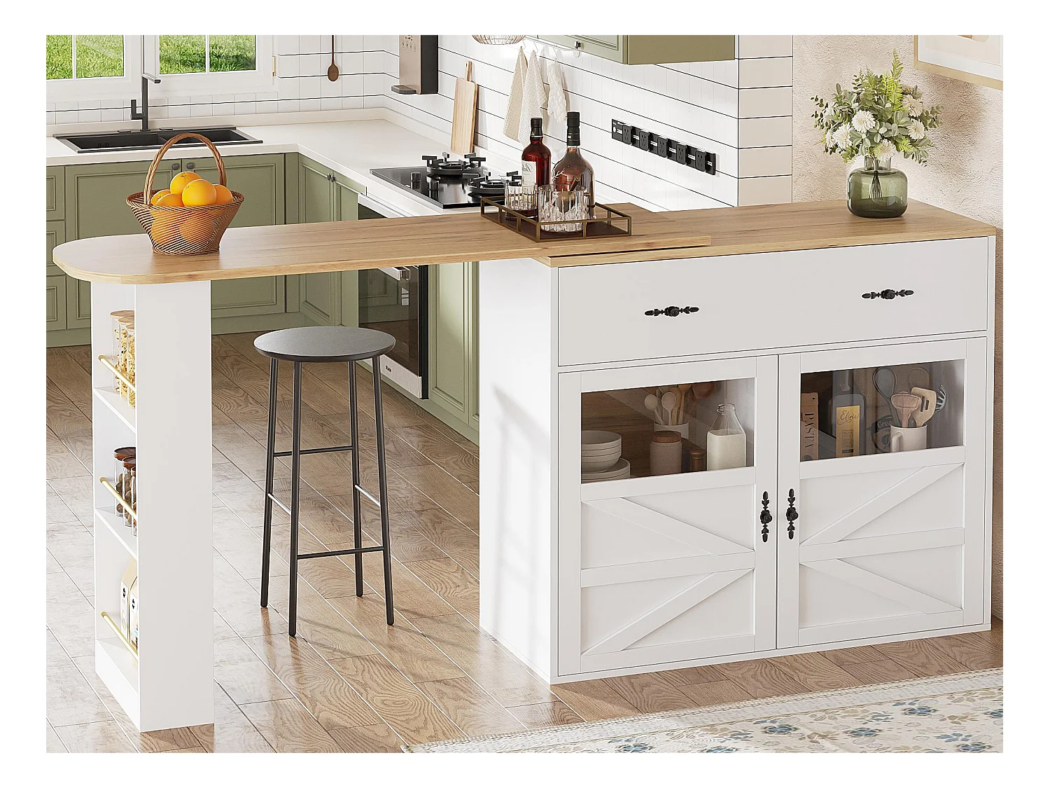 Meuble de bar pivotant 360° et escamotable - avec 1 tiroir et 2 portes - étagères ouvertes - blanc + naturel