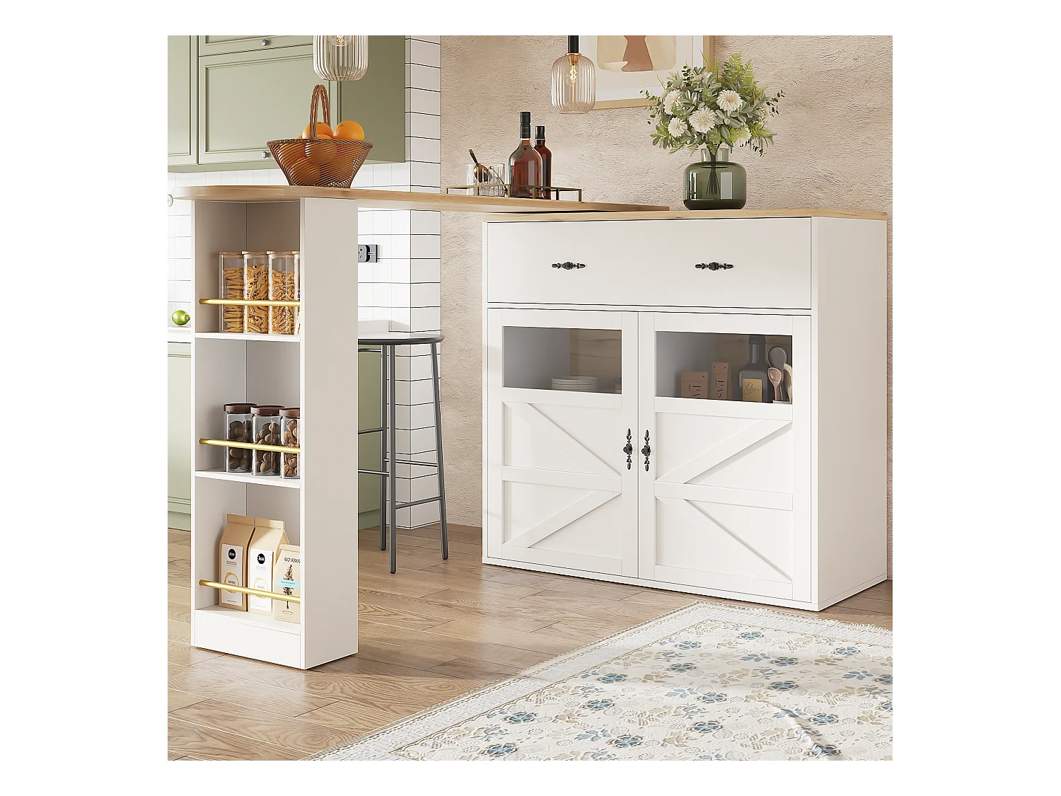 Meuble de bar pivotant 360° et escamotable - avec 1 tiroir et 2 portes - étagères ouvertes - blanc + naturel