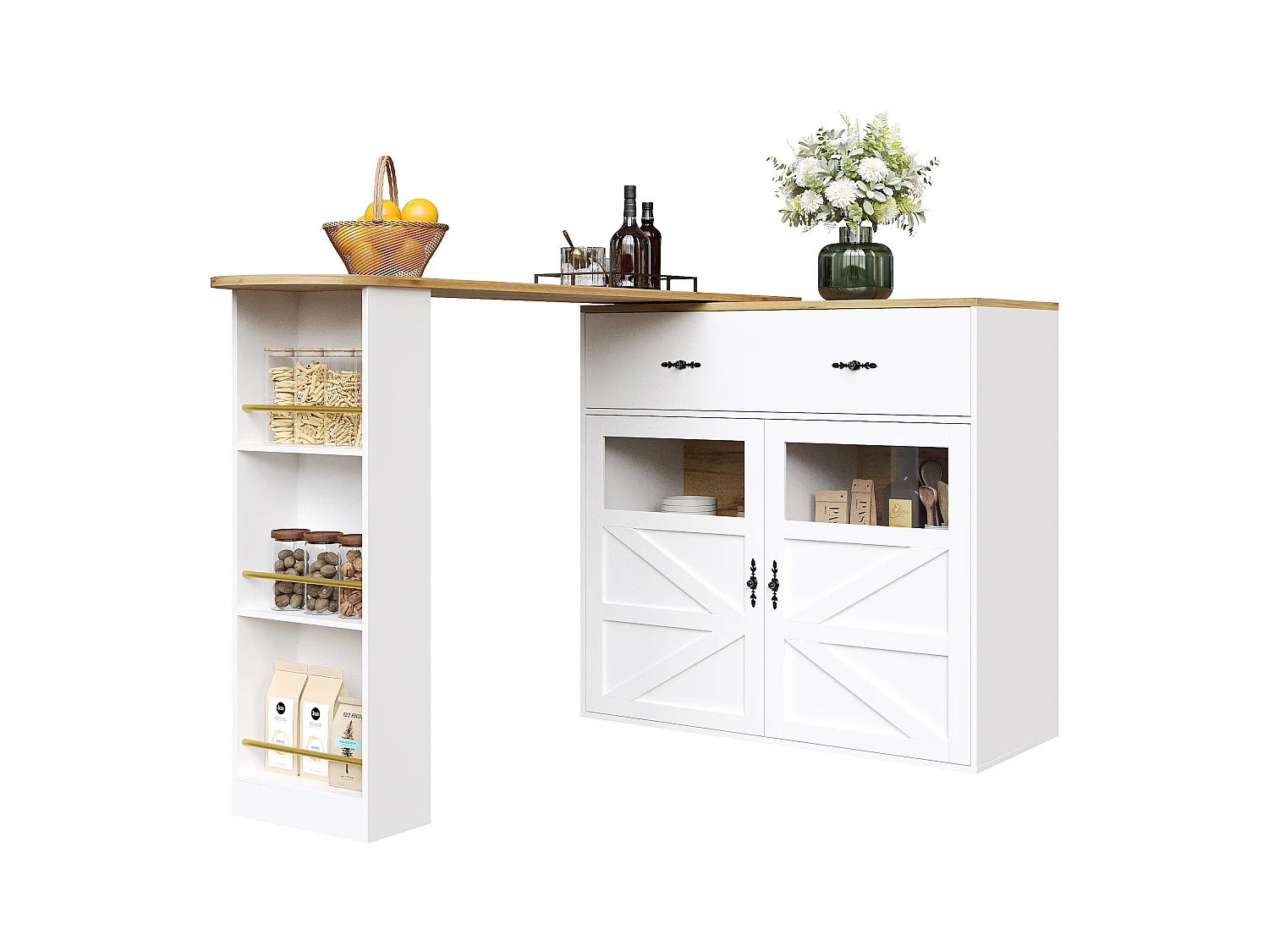 Meuble de bar pivotant 360° et escamotable - avec 1 tiroir et 2 portes - étagères ouvertes - blanc + naturel