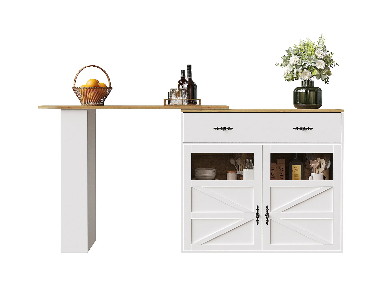 Meuble de bar pivotant 360° et escamotable - avec 1 tiroir et 2 portes - étagères ouvertes - blanc + naturel