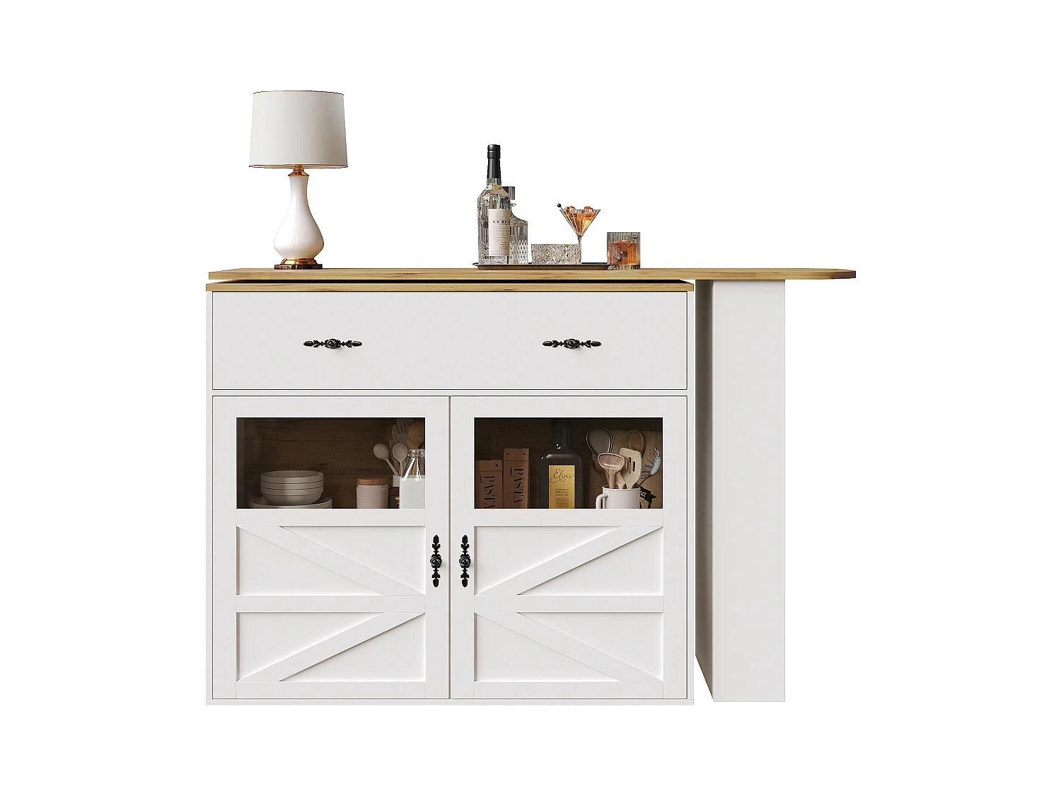 Meuble de bar pivotant 360° et escamotable - avec 1 tiroir et 2 portes - étagères ouvertes - blanc + naturel